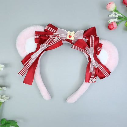 Cute Bow Red Bear Decorated Pink / KC Lolita Brown Plush Ear White Bear/Bunny