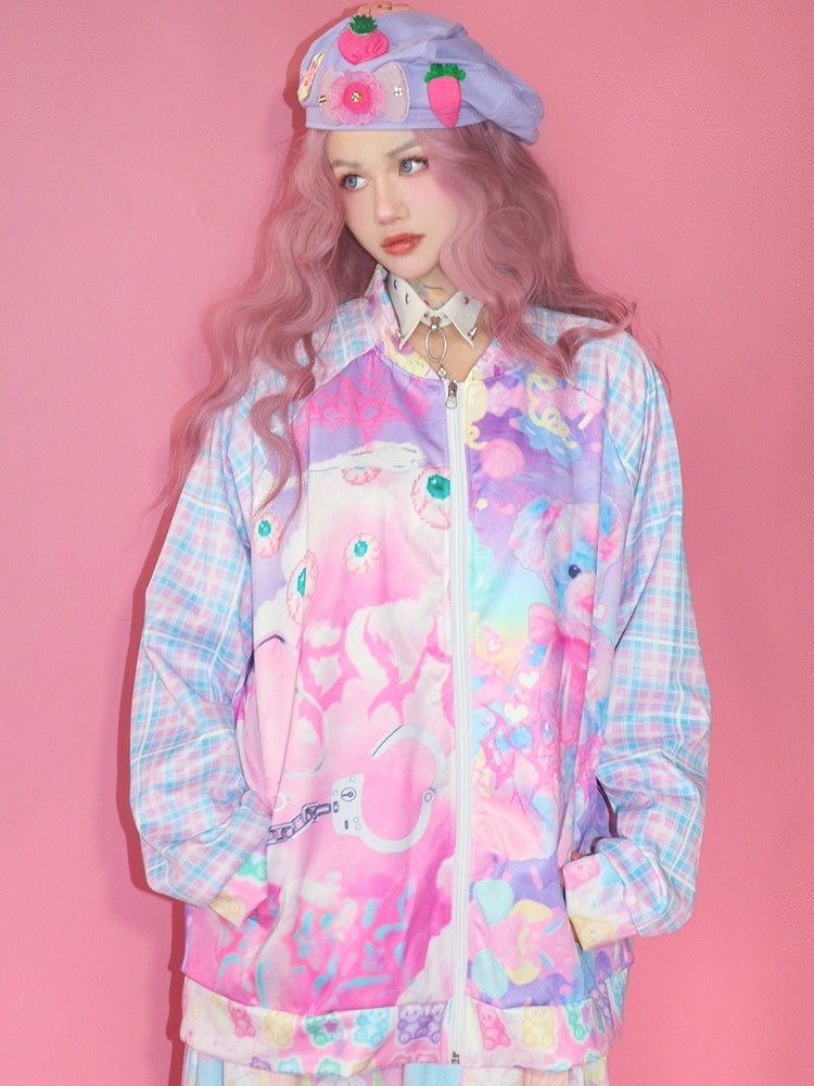 Bär bunte Muster Jacke Guro Auge und Plaid Print Kawaii