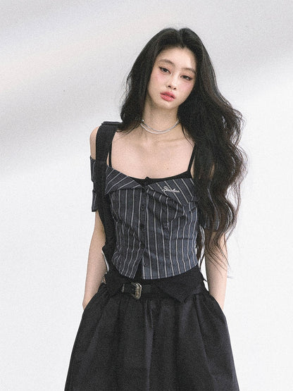ツーピース オフショルダー ネックライン ブラック＆グレー ストライプ トップス フェイク