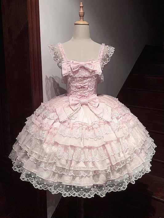 Multi-Layer JSK Trim Lace Bow Details Cute Pink Princess with Bead Sweet Dress