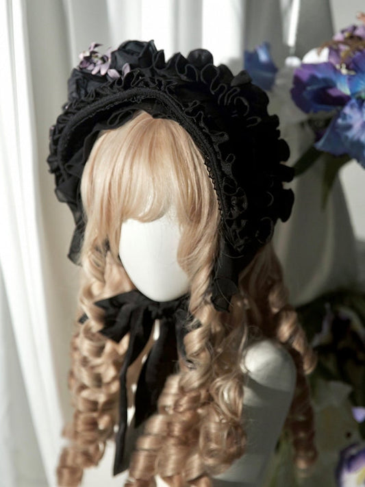 Lolita Hairband with Ruffled Black/Gray/Brown Accent Floral