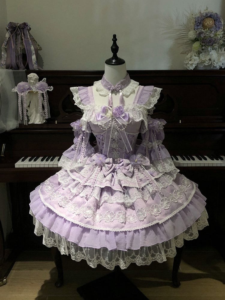 Bows Dress Frog Chinoiserie Flower with Layered Purple Lolita Corset Button Waist