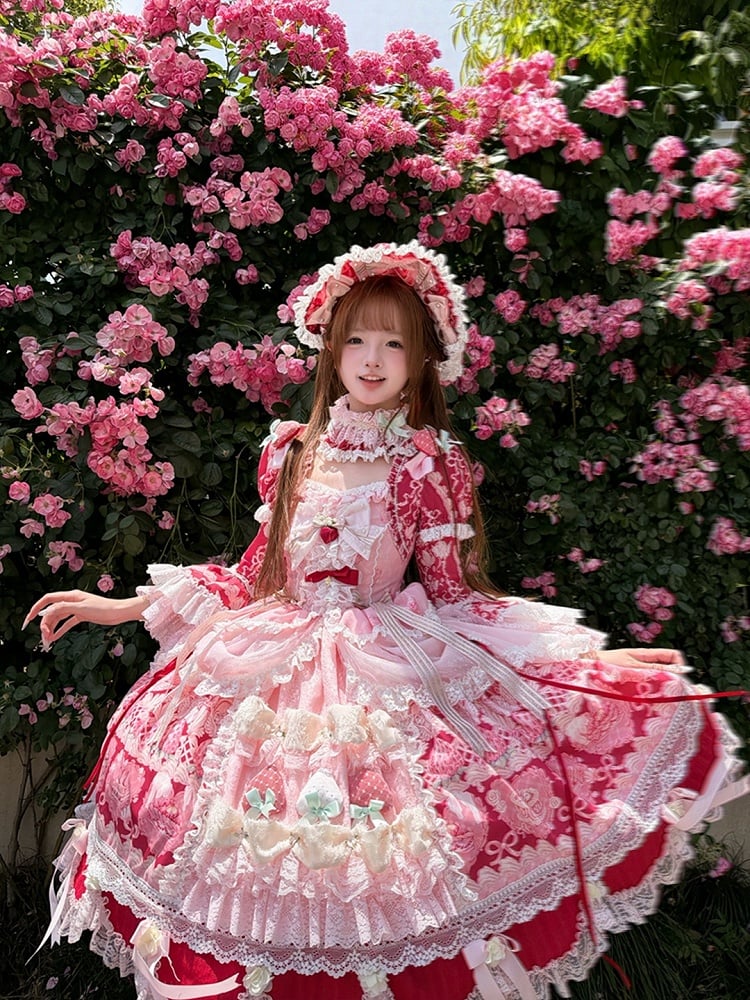 Red & Pink Strawberry Cake Print Bell Sleeve Lolita Dress - Ball Lolita