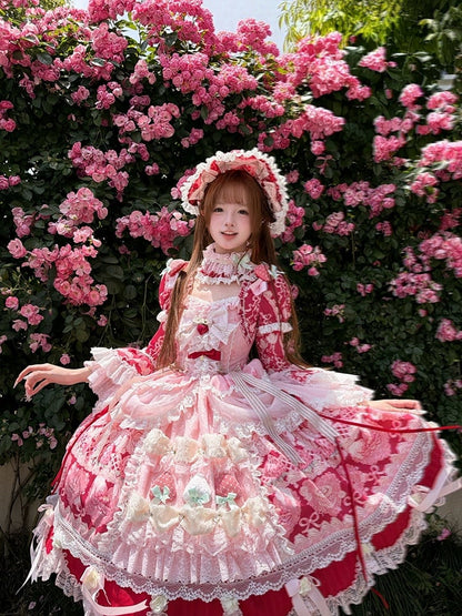 Red & Pink Strawberry Cake Print Bell Sleeve Lolita Dress - Ball Lolita