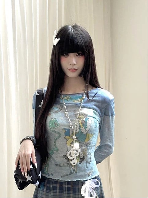 Neck Print with Top Blue Round Cartoon