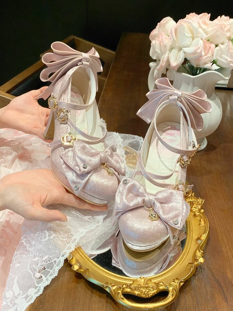 Pink Crown Buckle 8.5cm High Heels with Bowknot and Crystal Accents - Aimee
