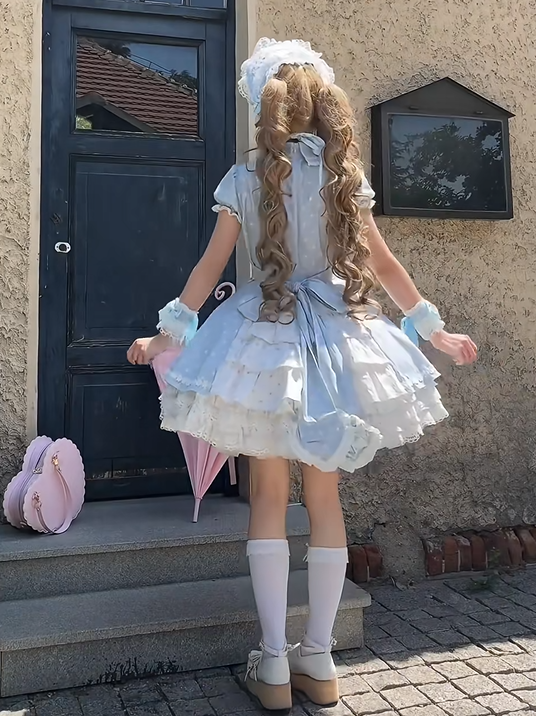 White Dot Applique Dress Sweet Accents with Blue Bow Polka Sweetheart Lolita Heart