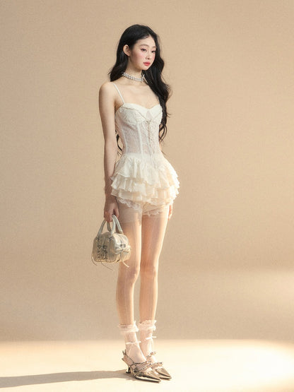 White Dress with Lace-up Detail at Front Skirt Mini Cami Puffy Tiered