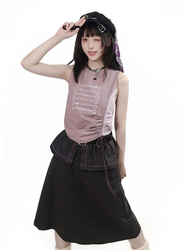 Dark Gray Long Skirt with Faux Layered Two-Piece Design - PINK SAVIOR