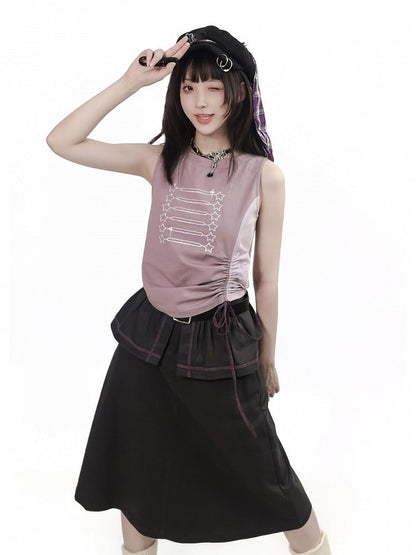 Dark Gray Long Skirt with Faux Layered Two-Piece Design - PINK SAVIOR