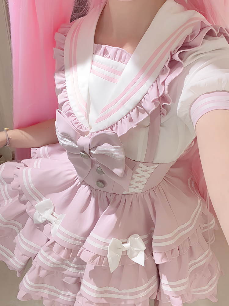 Pink Bow Accent Sailor Collar Light Lolita Blouse Ruffled Sweet