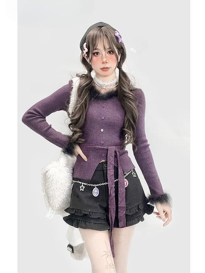 Dunkelgraue Shorts mit hoher Taille und Rüschenbesatz