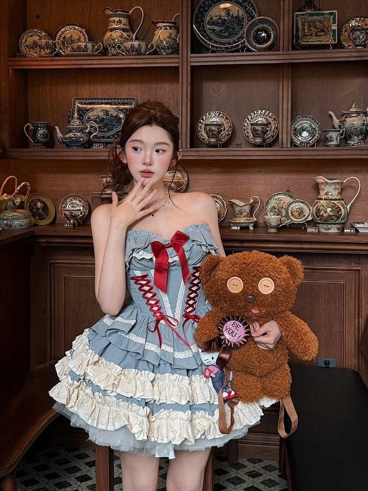 Blue Corset Lace-up + Skirt Set Bolero Top Boned Puffy Full