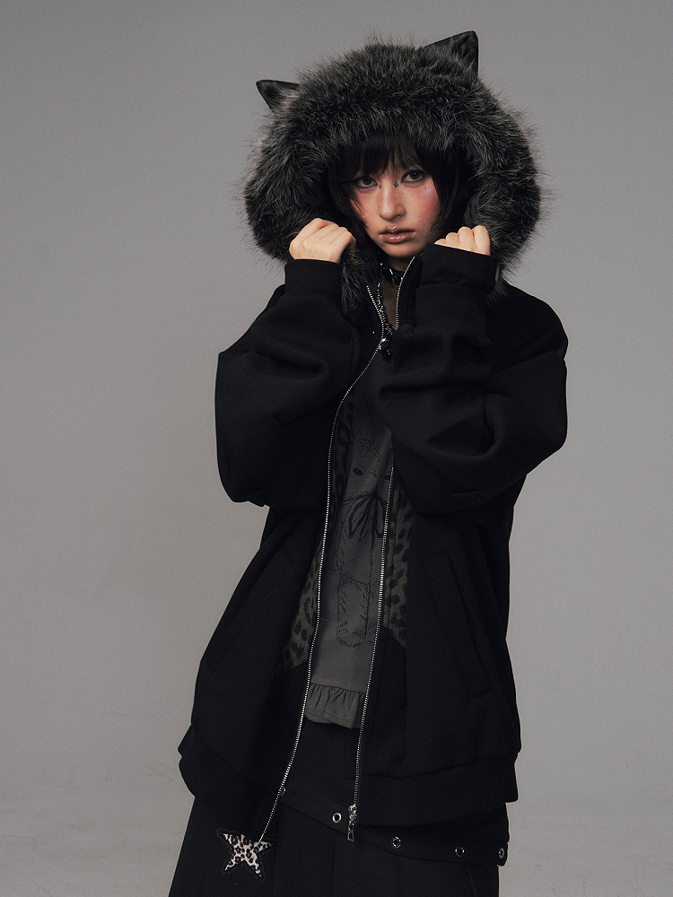 Design Jacket Star-shaped Leopard Patchwork Black - Gyaru Print