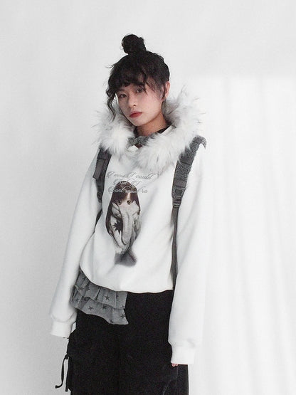 Hooded Detachable Girl Cartoon Print Trim Sweatshirt Hood Kawaii - Daily with Plush Letter