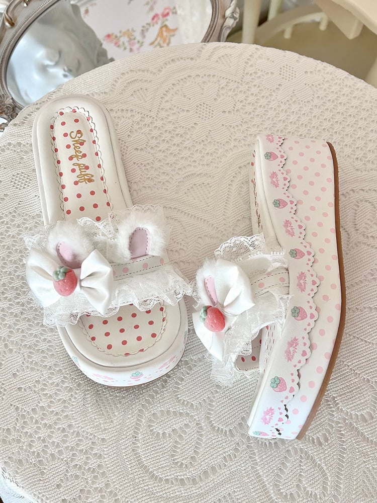 Lolita Lace White Accents Plush Sweet Bow Ear Platform Bunny Slippers Trim