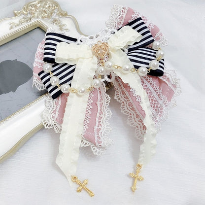 レースチャームとロリータクロスオプションカラーヘアクリップ6蝶結びスイートトリムビーズ