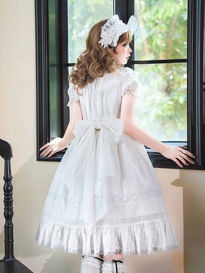 Weißes Lolita-Taille-Shiro-Kleid mit hohen Puffärmeln aus Baumwolle