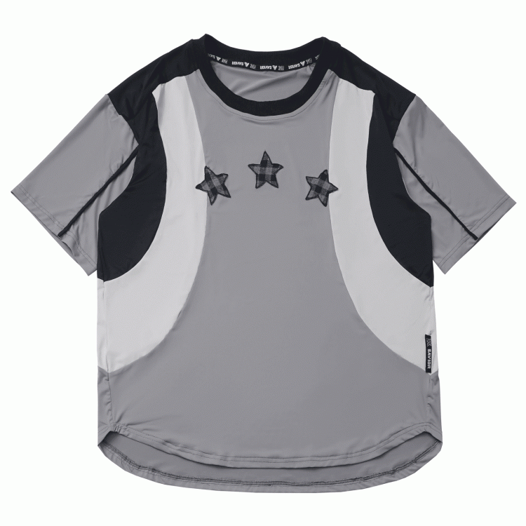 Neck Design Round Sports T-shirt Colorblock Star Appliques Plaid Black/Gray