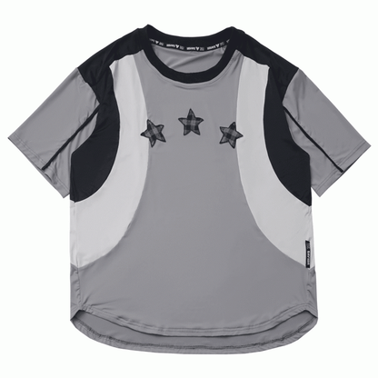 Neck Design Round Sports T-shirt Colorblock Star Appliques Plaid Black/Gray