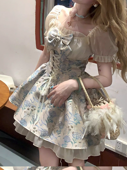 Floral Sleeve Lace-Up Blue Dress Puff with Front Jacquard Waist