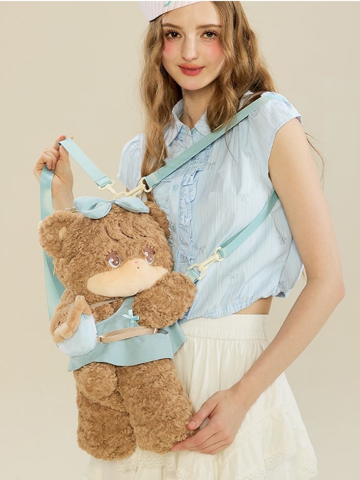 Blue / Crossbody Bear Kawaii Brown Backpack Plush