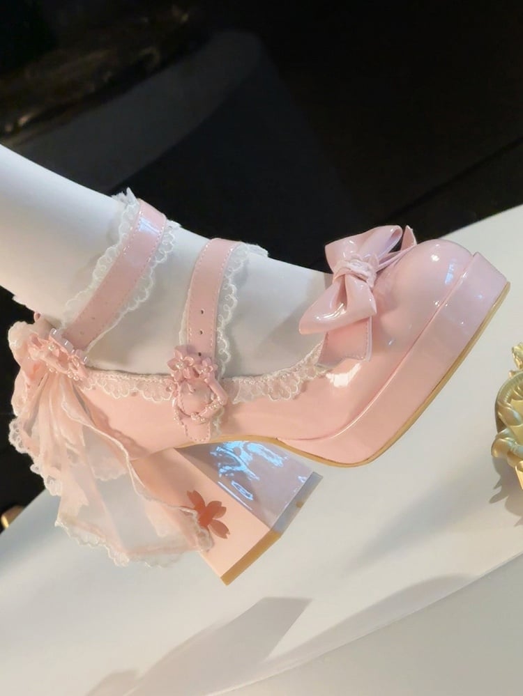 with - Heel Cherry Accents PU Heart Janes High Mary Lolita Platform Buckle Blossom Block Sweet Cutout Bow Pink