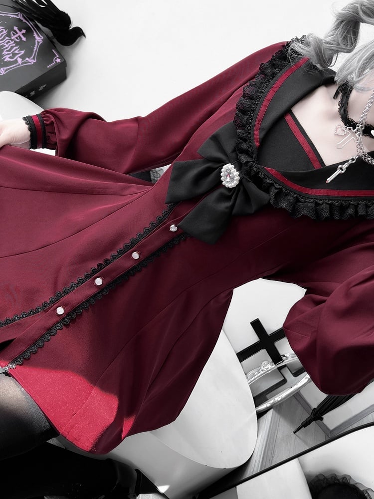 Kei-Ohren, Jirai, rotes Set – Schleifendesign auf der Rückseite + weinrotes Minikleid + Shorts mit Rüschensaum, Krawatte, Matrosenkragen, Hase