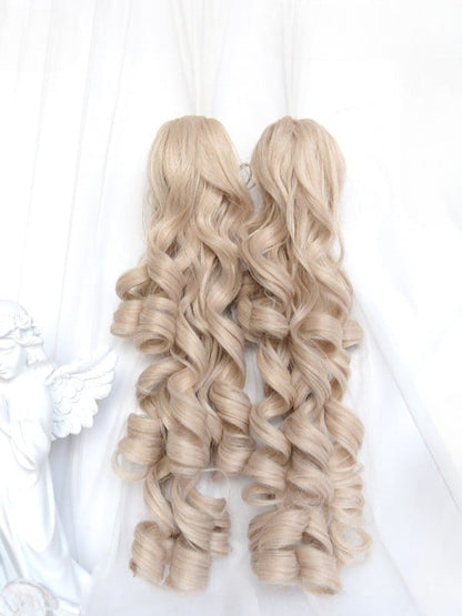 Blonde glatte lockige Perücke mit doppeltem Pony, Clips, Pferdeschwanz, 43 cm, kurze Länge, 22 cm