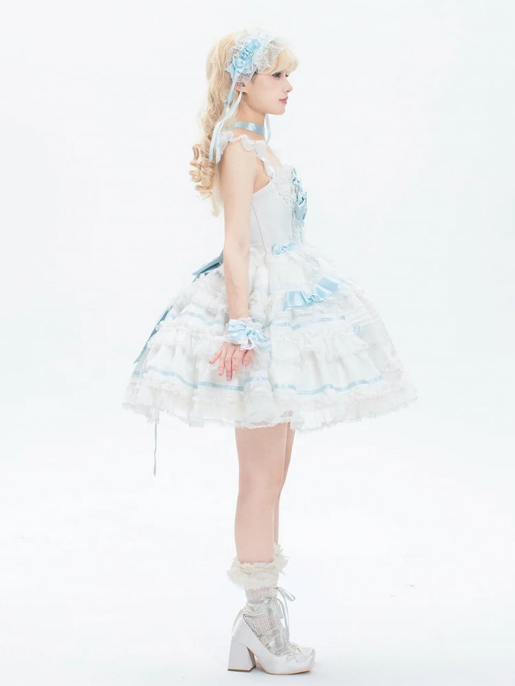 Sweet Princess Blue Bow Skirt and White Jumper Accents Lolita