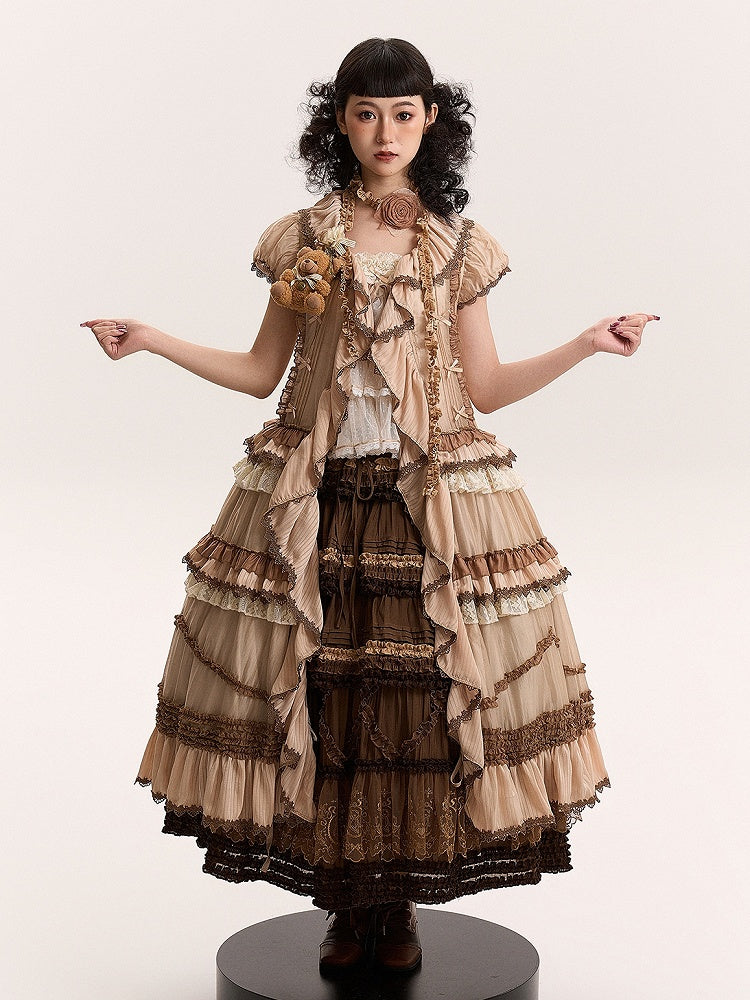 Cascading House Ruffle Front Style Placket Dress Pink Coffee Straps Lolita Self-tie