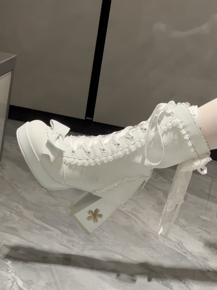 Sweet Heel Accents Sakura White Design Mid-calf Cut-out Lolita with Bow Boots