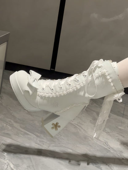 Sweet Heel Accents Sakura White Design Mid-calf Cut-out Lolita with Bow Boots