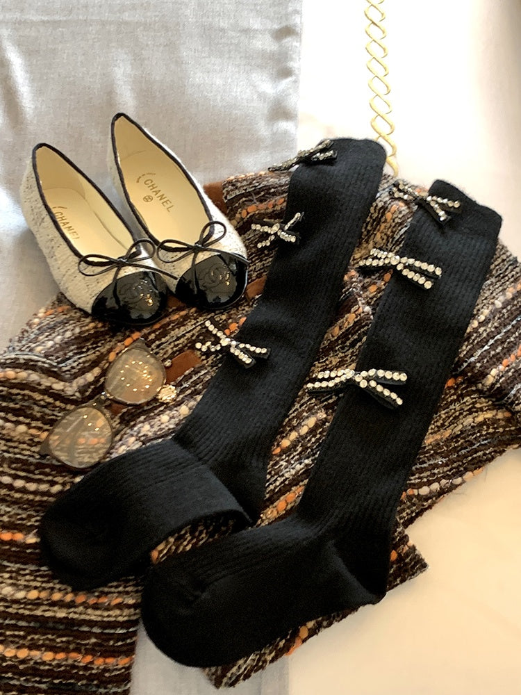 Black/Milk White Rhinestone Bowknot Calf Socks