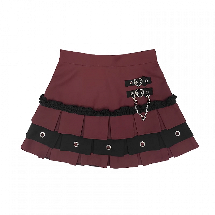 Schnallen Stufenrock Y2K Rot/Pink/Lila Herz Kellerfalte Gefüttert