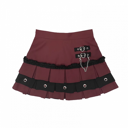 Schnallen Stufenrock Y2K Rot/Pink/Lila Herz Kellerfalte Gefüttert