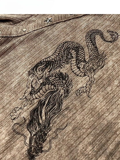 Khakifarbenes, hochgeschlossenes Oberteil mit Drachen-Print