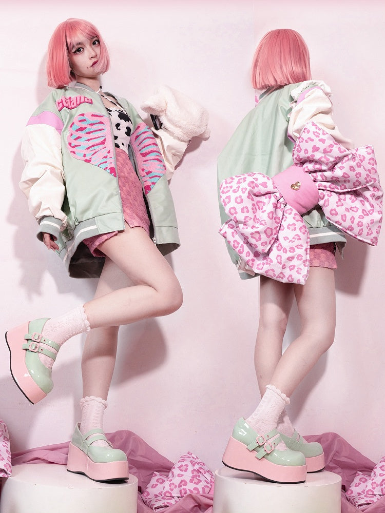 Leder PU Schnallen Süße Rosa Lolita Grüne Sohle Plattformen mit Keil