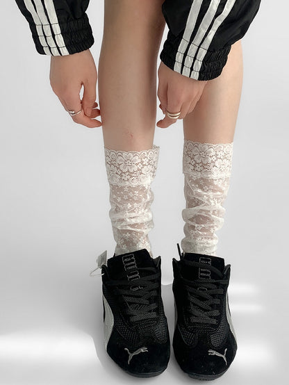 Floral Socks Calf Lace Trim White Embroidery