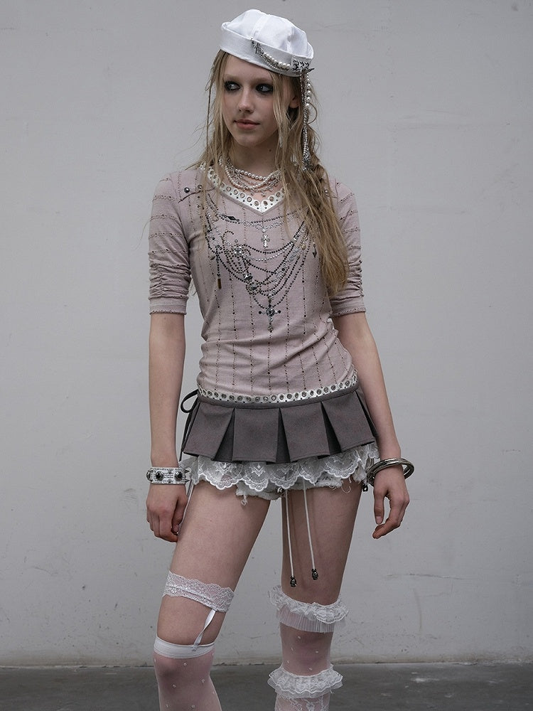 Muster Langer V-Ausschnitt Strass Gestreift Rosa/Blau Ärmel Punk Design Top Halskette Wasteland