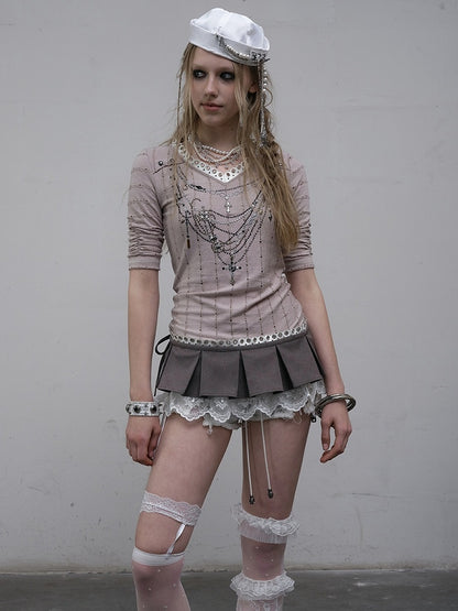 Muster Langer V-Ausschnitt Strass Gestreift Rosa/Blau Ärmel Punk Design Top Halskette Wasteland