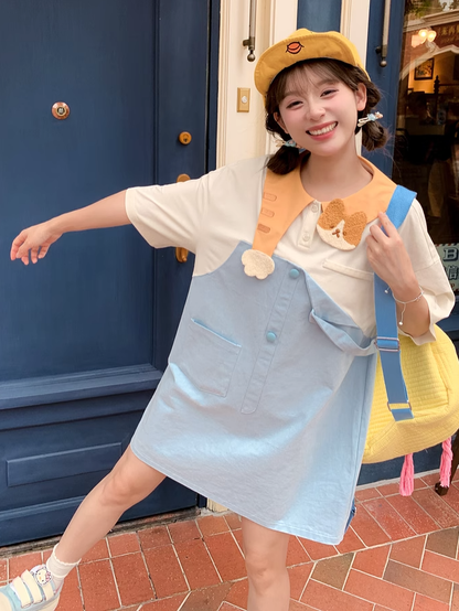 Zweiteiliges Kleid mit entzückendem Katzenkragen in Blau und Weiß mit Farbblock-Design