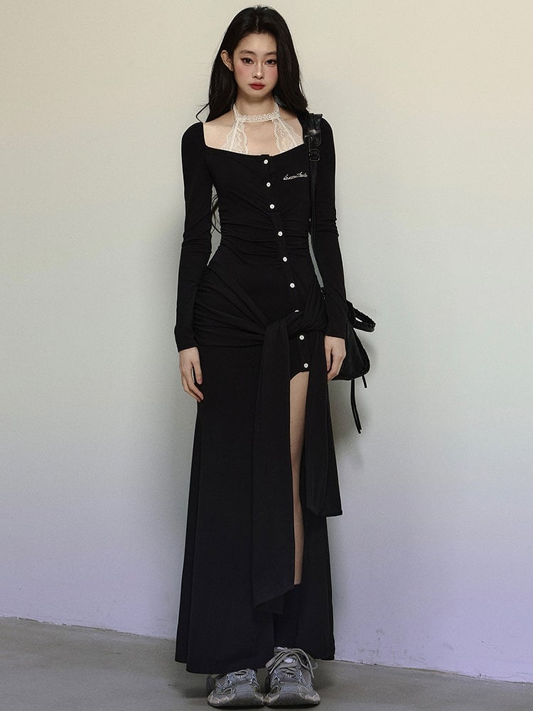 Schwarzes Strickkleid aus Spitze mit Neckholder und selbstbindenden Trägern bis zum Oberschenkel