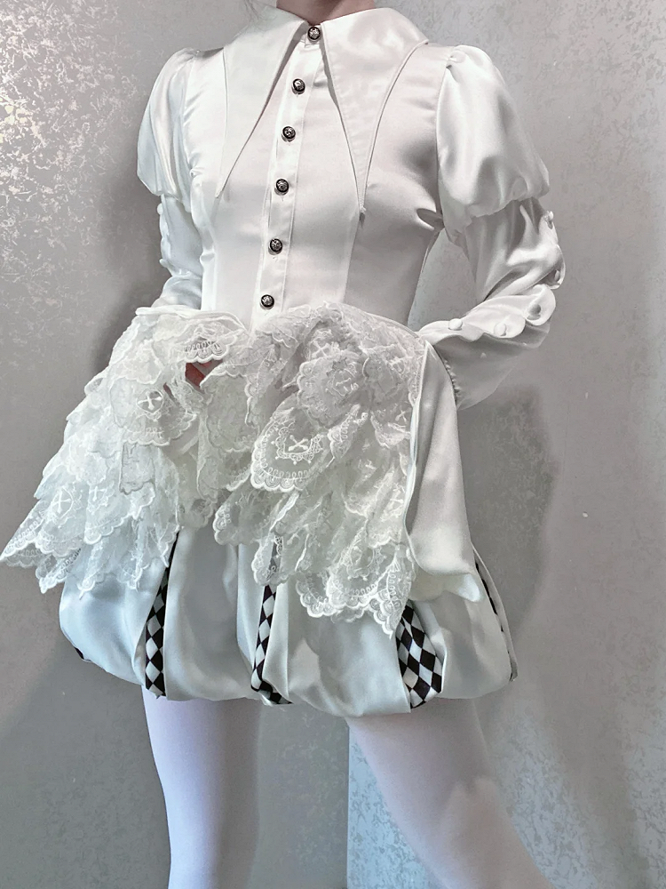 折り返しシャツ テール王子袖 ホワイトポイントロリータロングカラー