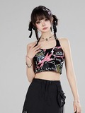 with Adjustable Black Cat Halter Crop Neck Tie Top Graffiti