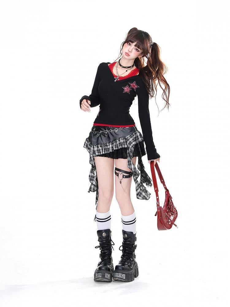 Black Blue/Black Red Rhinestone Star Glamorous Top