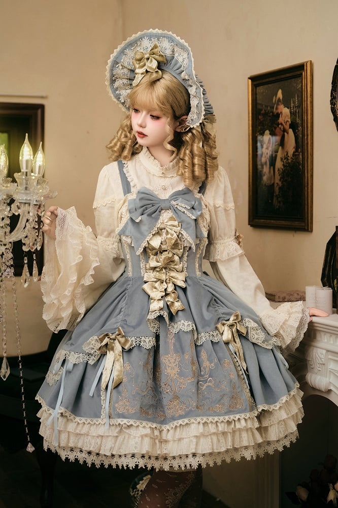 Lolita Candle JSK Kleid / Blaue Stickerei Samtschleifen Dekoration