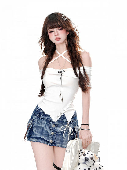 Neck Asymmetrical Hem Halter Slim-fitting T-Shirt Pink/White
