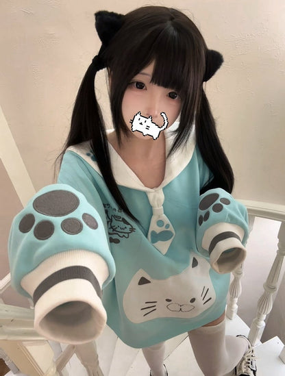 Adorable Collar Sailor Theme Embroidery Cat Cat-Ear Mint Sweatshirt with Blue