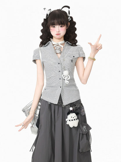 Kawaii Breathable Striped Short Sleeve Blouse in White & Gray with Embroidery - Languid Park